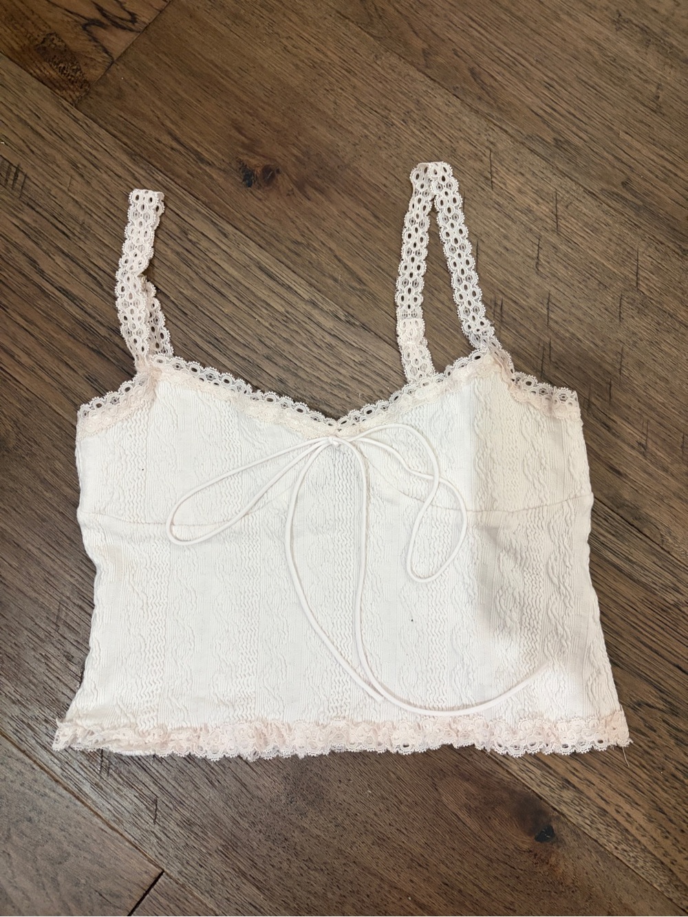 Edikted Ivory Lace-Trim Ribbed Camisole with Front Tie